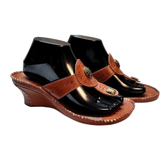Artisan Shoes - Clarks Artisan Leather Brown Wedge Sandals Brass Accents Handcrafted Womens 9M
